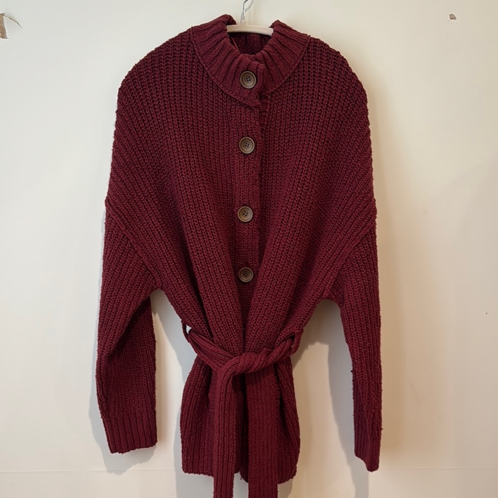 Free People Women's Burgundy Knit Sweater with Belt